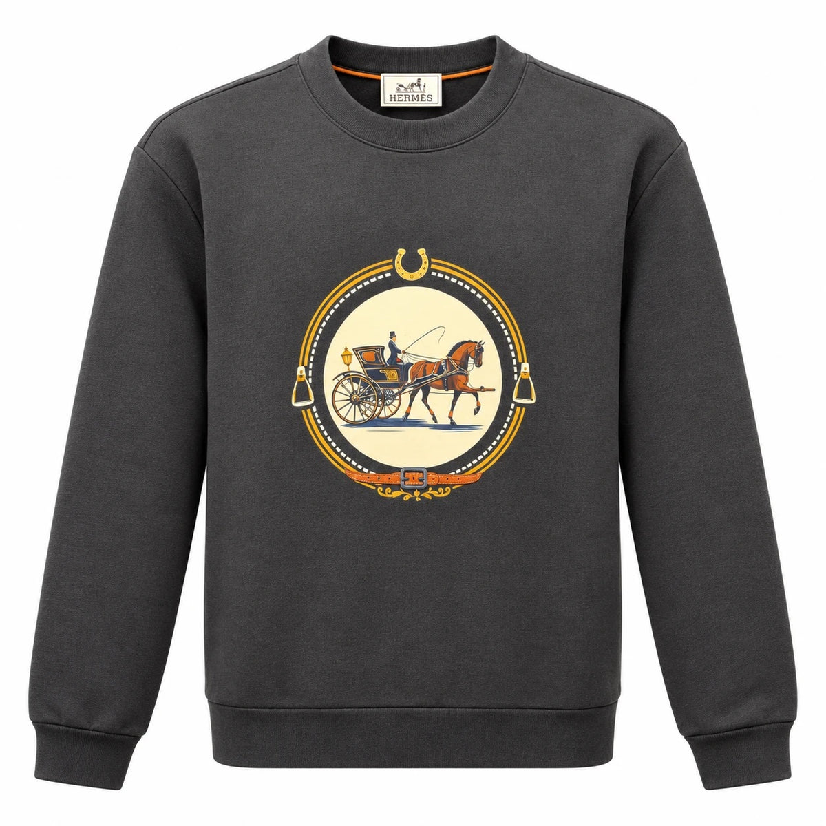 Charcoal Hermès crewneck sweatshirt with a horse-and-carriage graphic and golden equestrian frame.