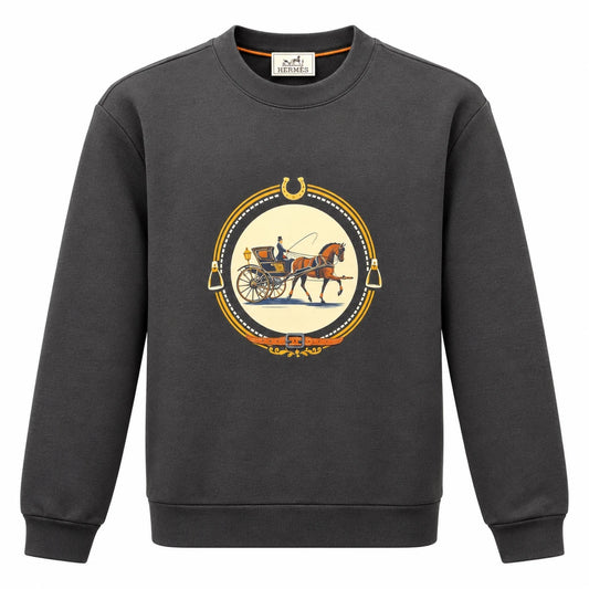 Charcoal Hermès crewneck sweatshirt with a horse-and-carriage graphic and golden equestrian frame.