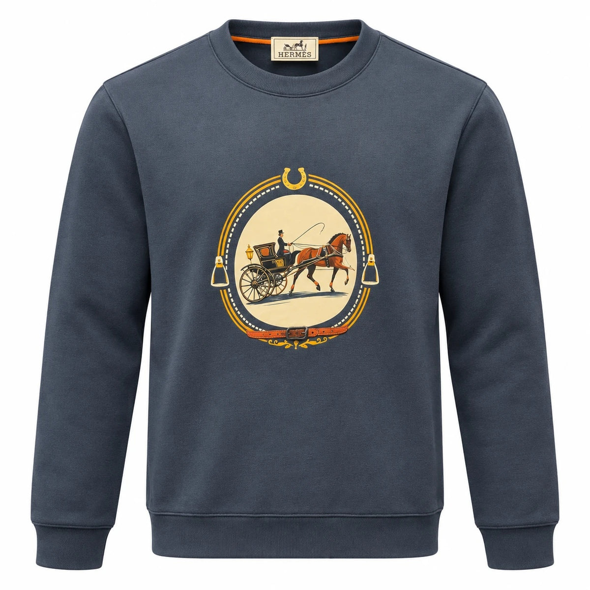 Slate navy Hermès sweatshirt with a decorative oval horse-and-carriage graphic.