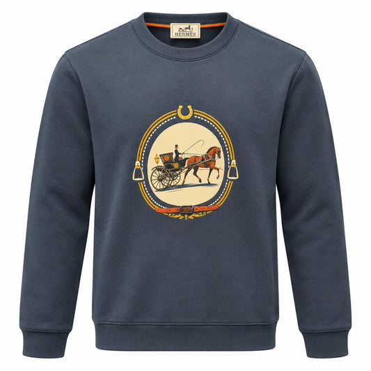 Slate navy Hermès sweatshirt with a decorative oval horse-and-carriage graphic.