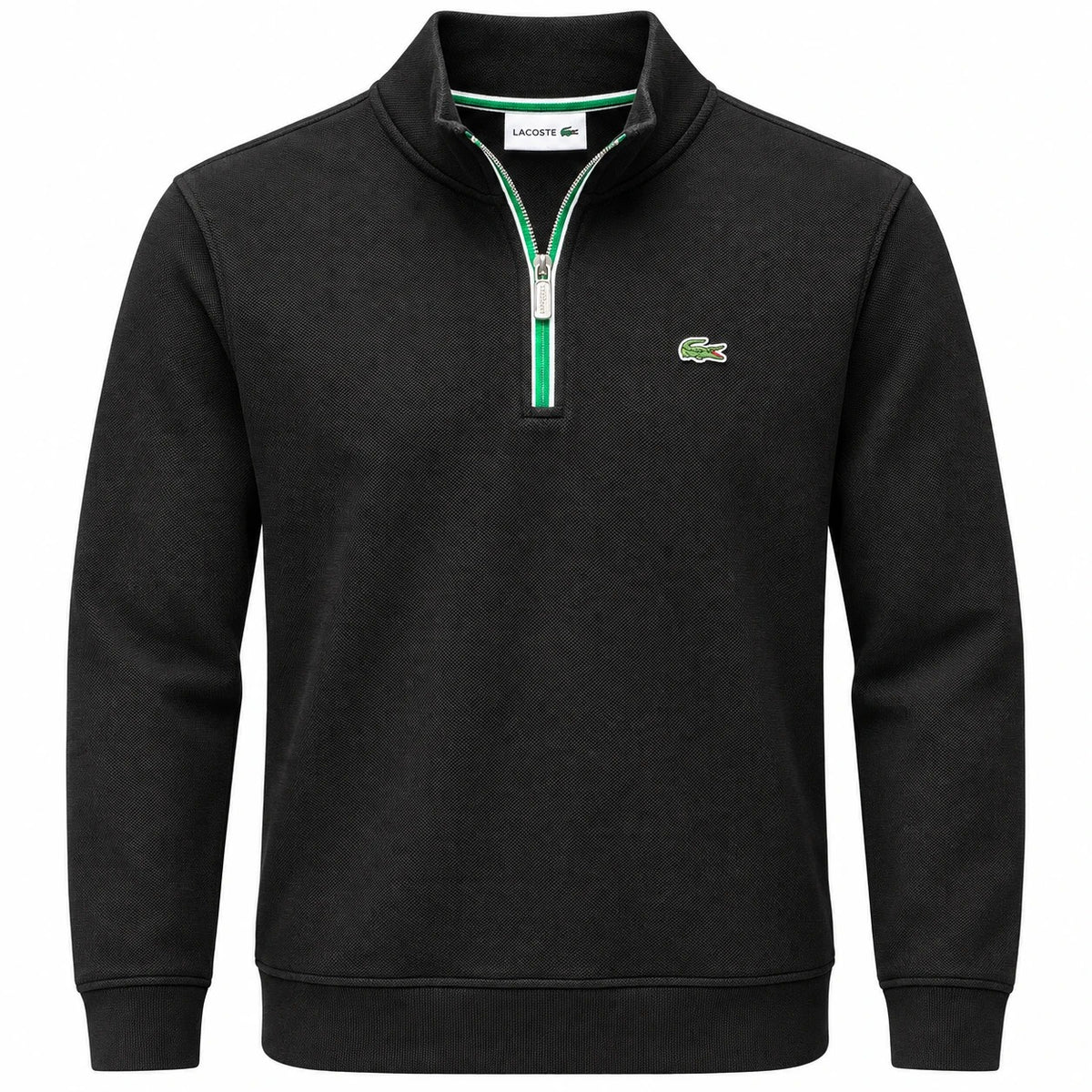 Black Lacoste quarter-zip sweatshirt with green-and-white zipper trim and a green crocodile chest emblem.