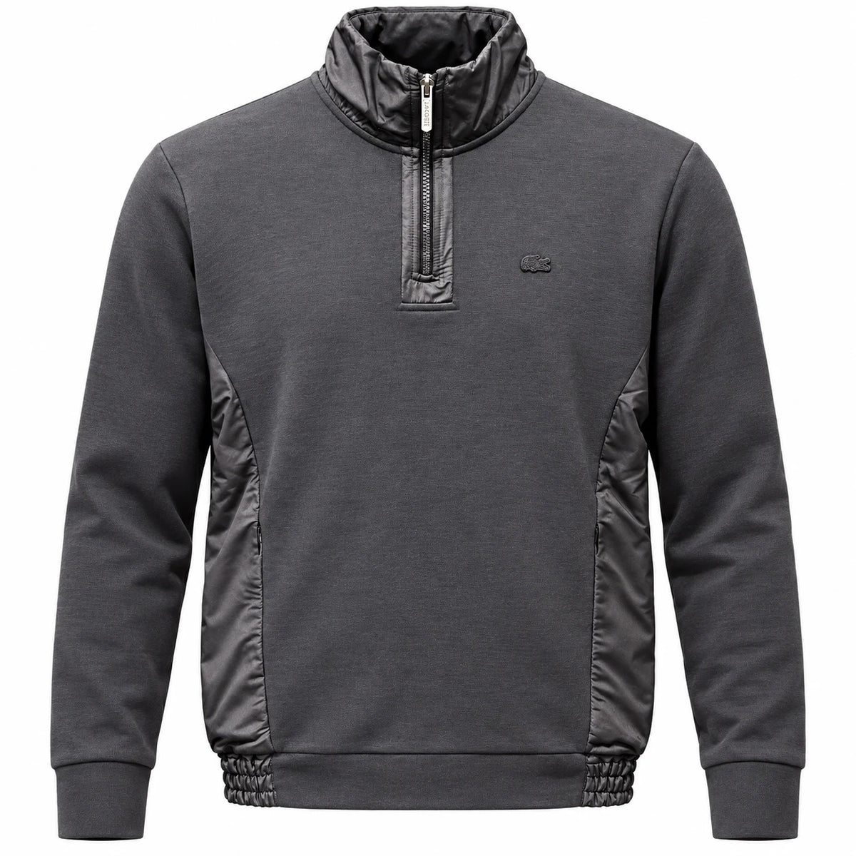 Charcoal Lacoste quarter-zip sweatshirt with contrasting collar and side panels and a tonal crocodile emblem.