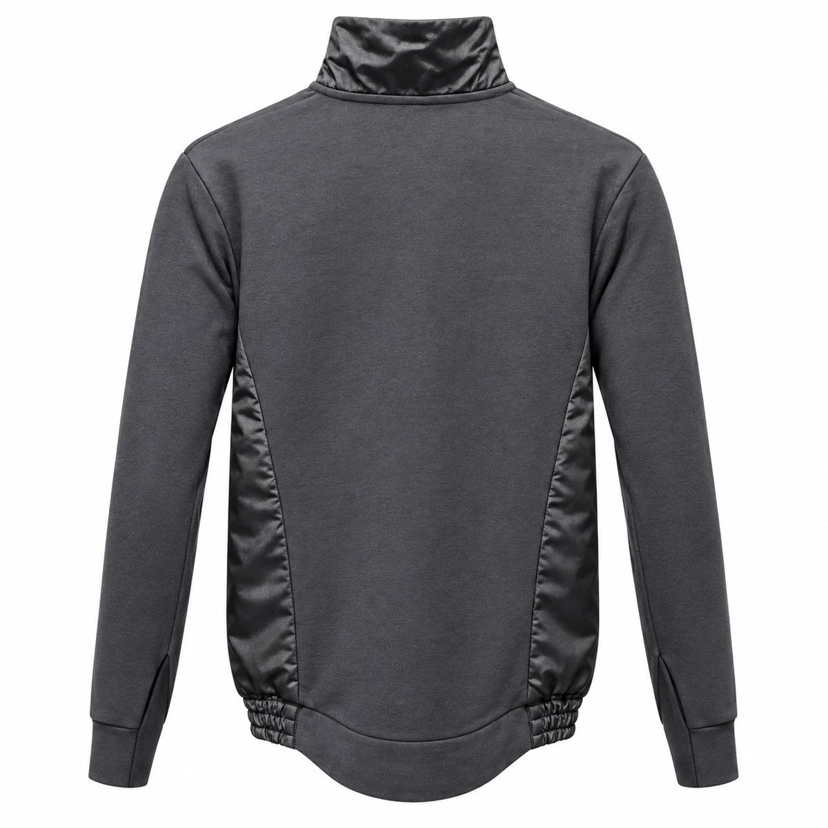 Back of a charcoal Lacoste sweatshirt with contrasting side panels and gathered side hems.