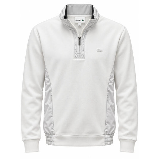 Off-white Lacoste quarter-zip with tonal crocodile and side pockets