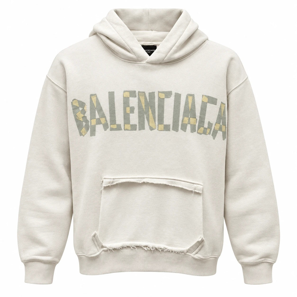 Off-white Balenciaga hoodie with grey and pale yellow chest lettering and a distressed front pocket panel.