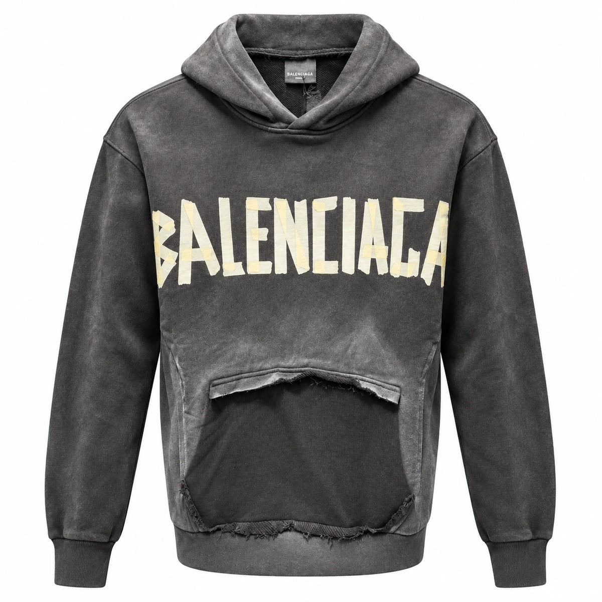 Charcoal Balenciaga hoodie with ivory and pale yellow front lettering and a distressed pocket panel.