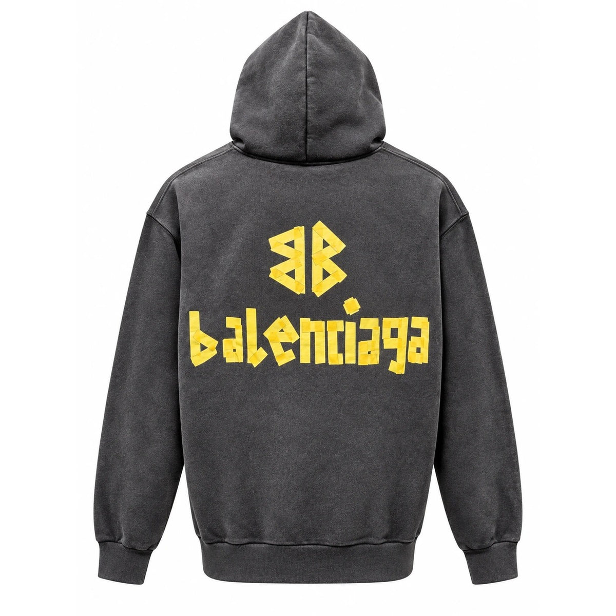 Charcoal Balenciaga hoodie with a yellow tape-style double-B emblem and back lettering.