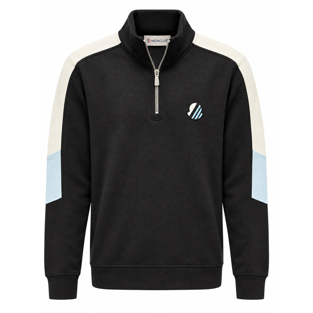 Black Moncler quarter-zip with cream and ice-blue sleeve panels