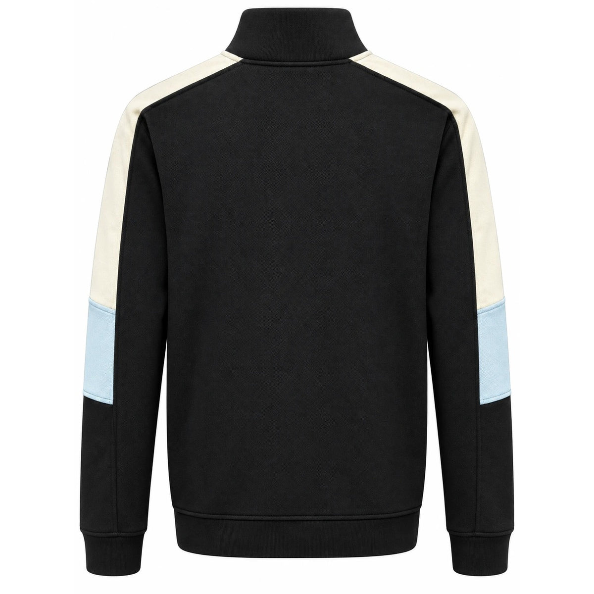 Black Moncler sweatshirt with cream and ice-blue panels, back view