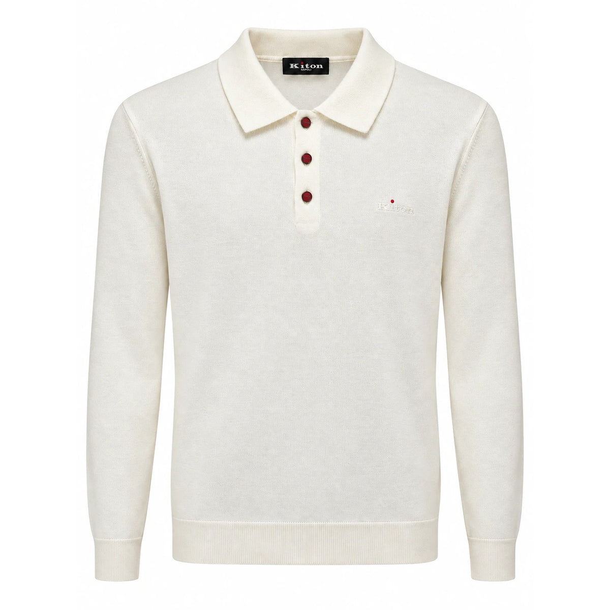 Off-white Kiton long-sleeve knit polo with three red buttons and a tonal embroidered chest logo.