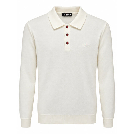 Off-white Kiton long-sleeve knit polo with three red buttons and a tonal embroidered chest logo.