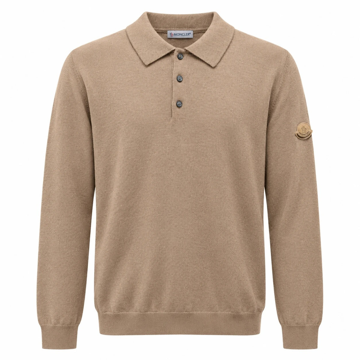 Camel Moncler long-sleeve knit polo with tonal sleeve badge, front view