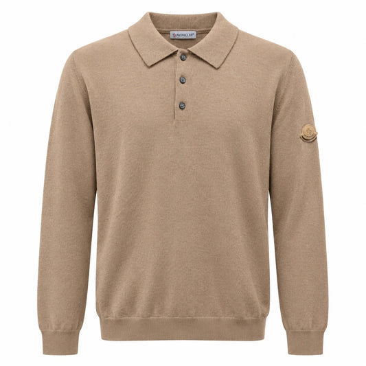 Camel Moncler long-sleeve knit polo with tonal sleeve badge, front view