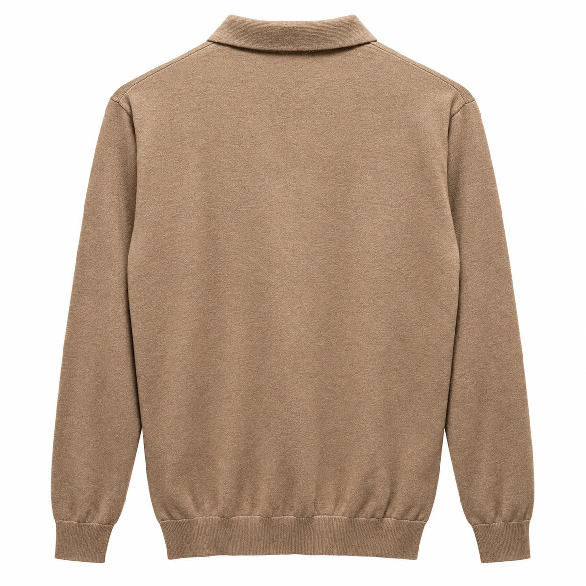 Camel Moncler knit polo with plain back and ribbed hem, back view