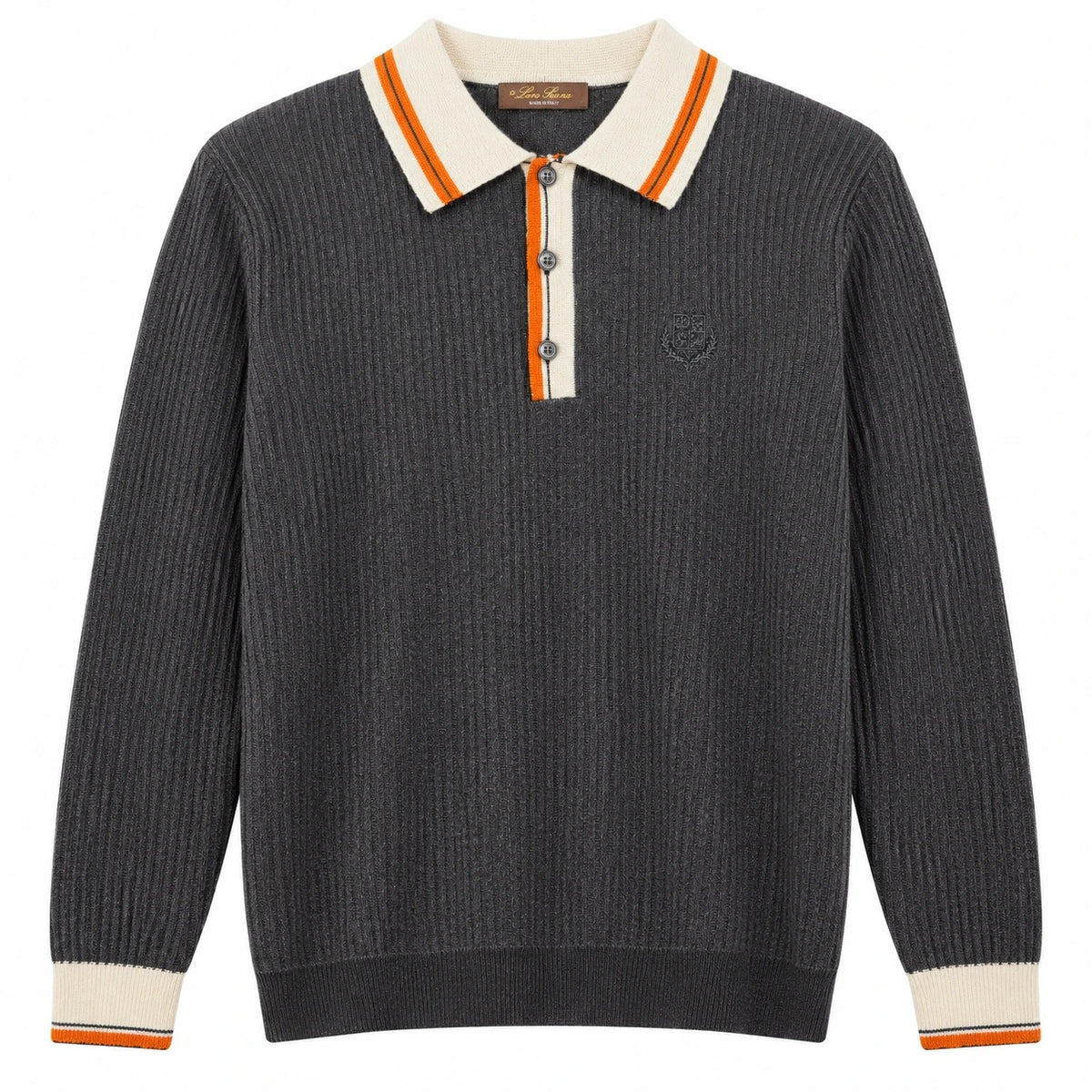 Charcoal Loro Piana knit polo with cream and orange collar and cuffs