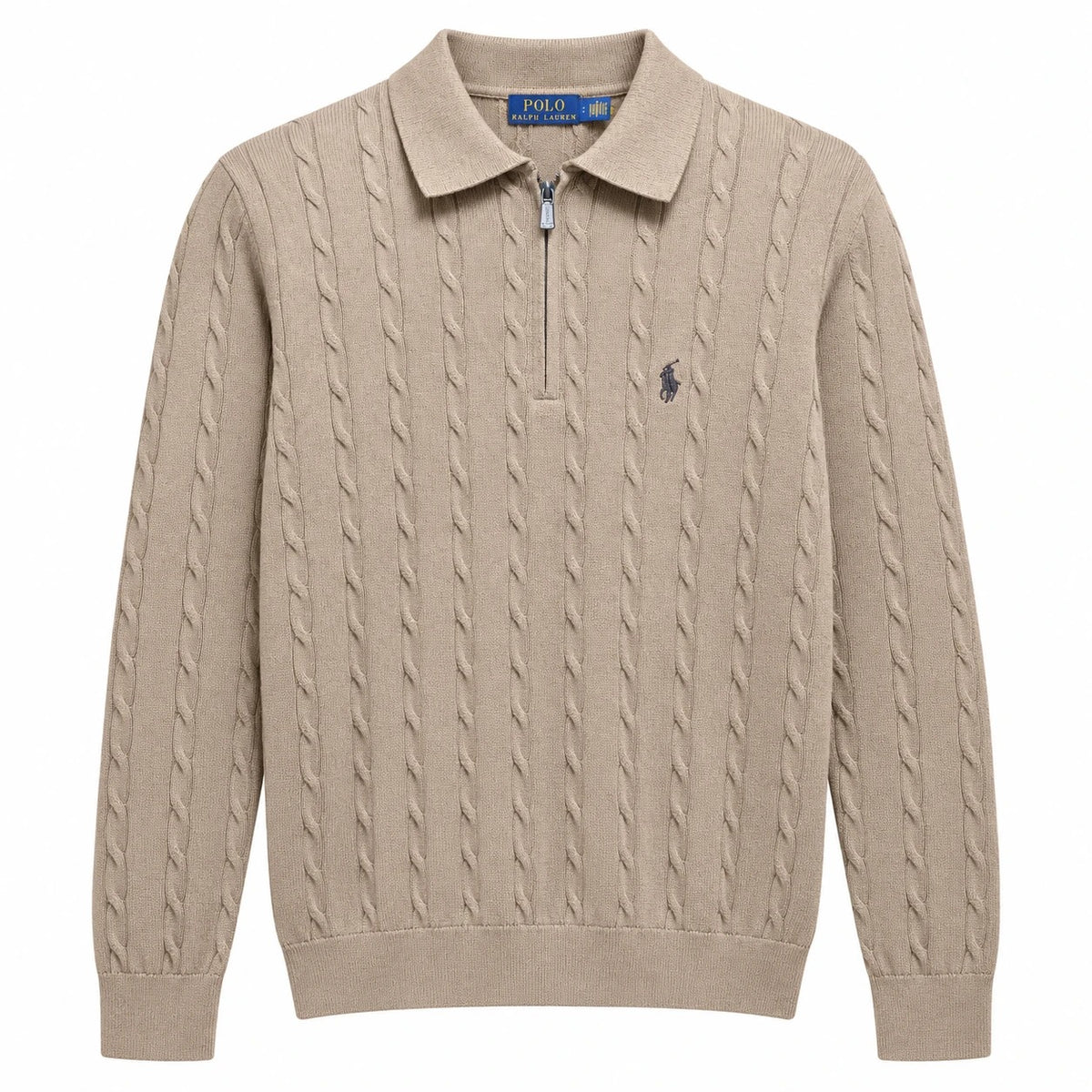 Taupe Polo Ralph Lauren cable-knit polo with zip neckline, front view