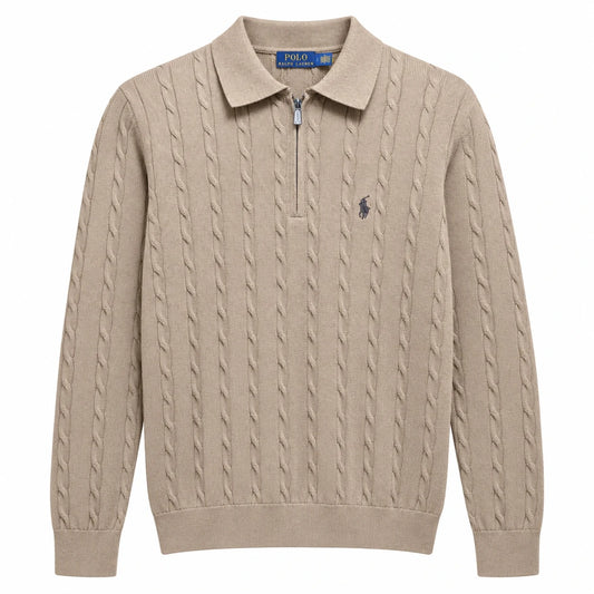 Taupe Polo Ralph Lauren cable-knit polo with zip neckline, front view