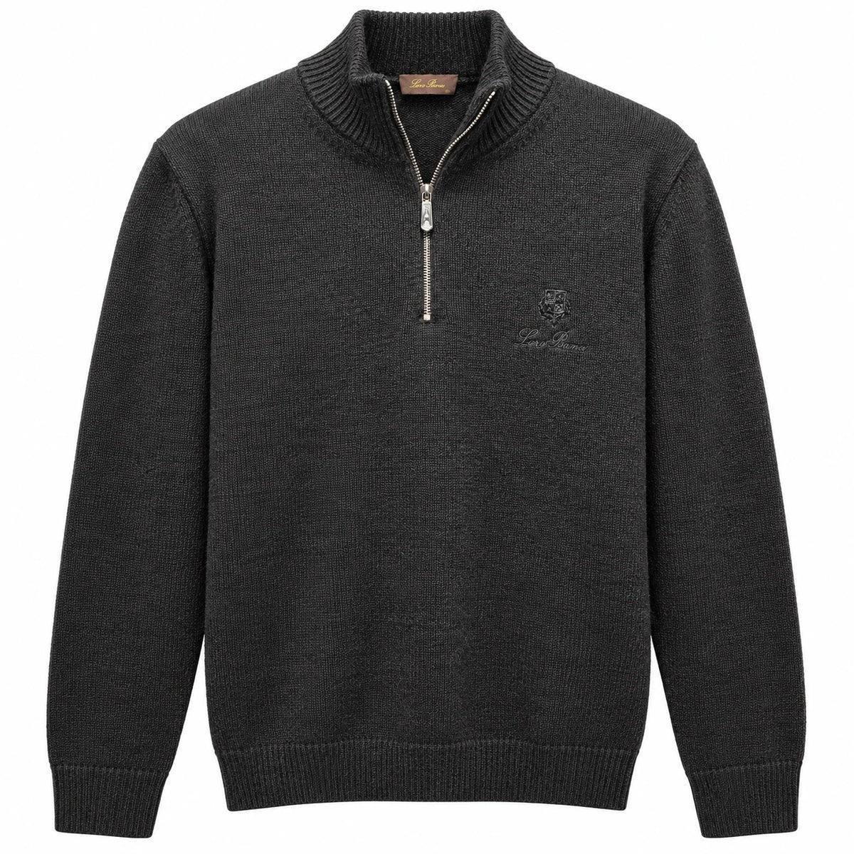Charcoal Loro Piana quarter-zip knit sweater with embroidered chest detail