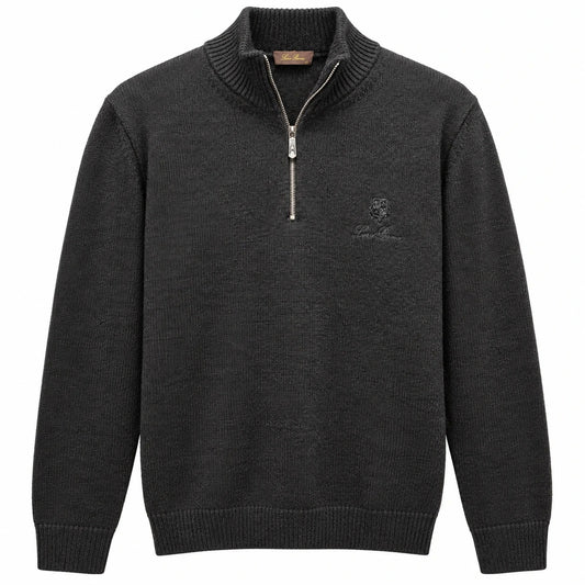 Charcoal Loro Piana quarter-zip knit sweater with embroidered chest detail