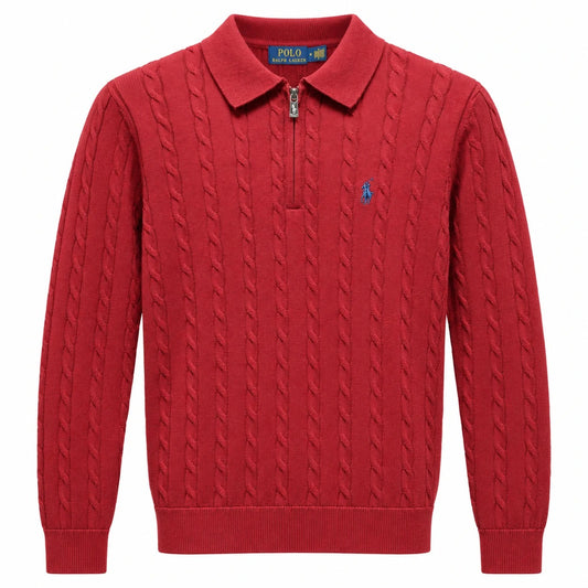 Red Polo Ralph Lauren cable-knit zip polo with blue pony embroidery
