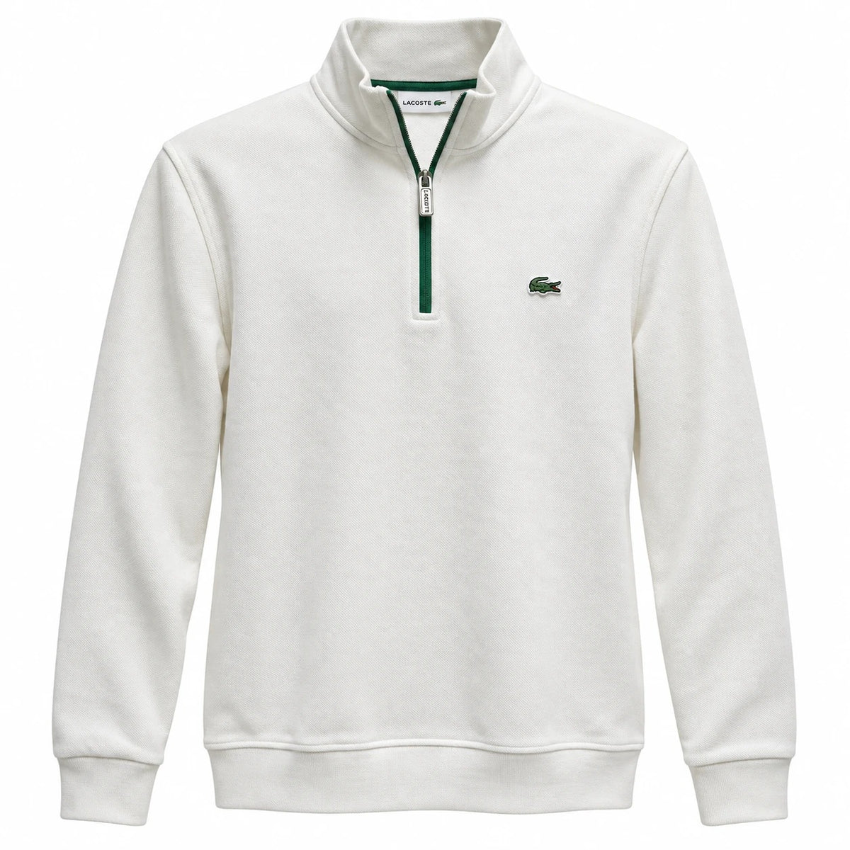 White Lacoste quarter-zip sweatshirt with green zip trim and crocodile chest patch, front view