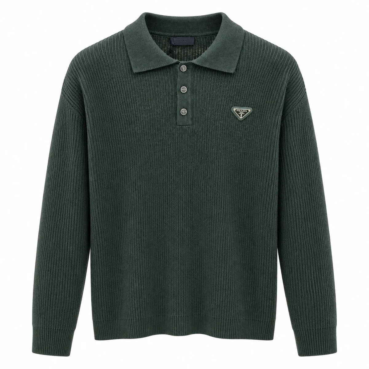 Olive-green Prada ribbed knit polo with three buttons and triangular chest badge