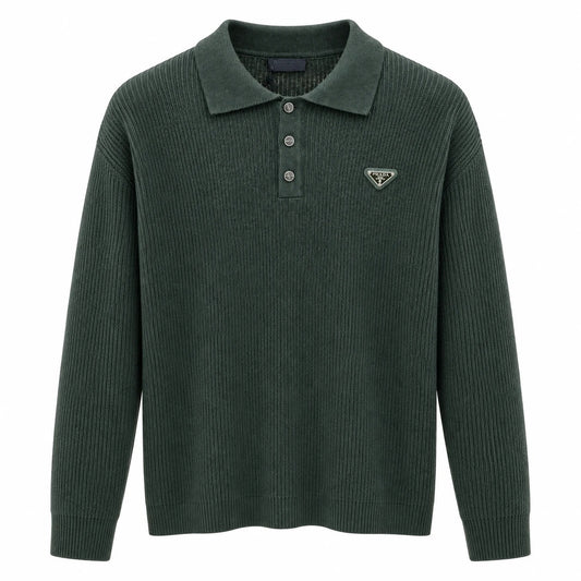 Olive-green Prada ribbed knit polo with three buttons and triangular chest badge
