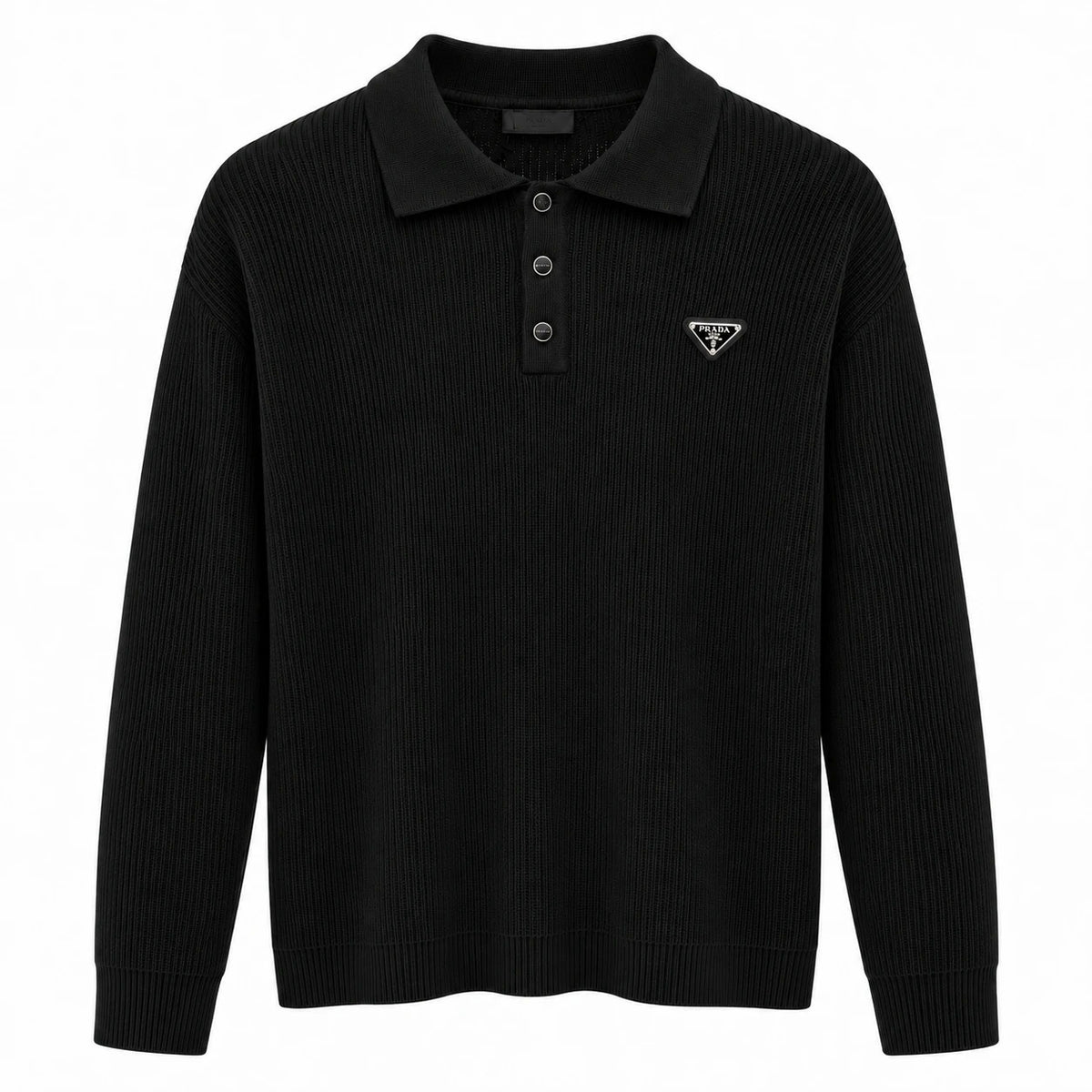 Black Prada ribbed knit polo with triangular chest badge, front view