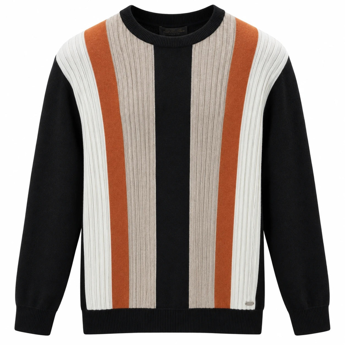 Loro Piana crewneck sweater with black sleeves and stone, orange and white vertical front panels