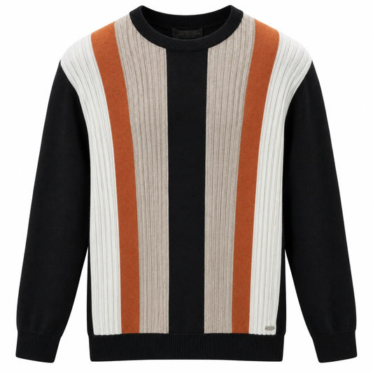 Loro Piana crewneck sweater with black sleeves and stone, orange and white vertical front panels