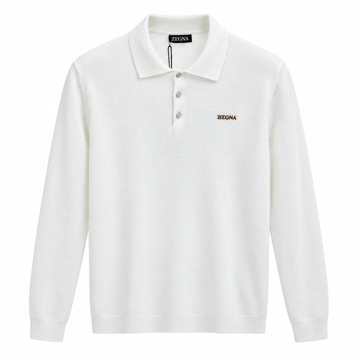 White Zegna long-sleeve knit polo with three buttons and brown chest lettering