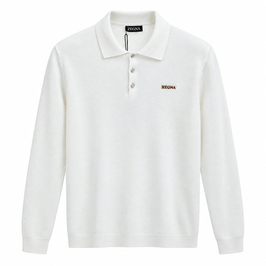 White Zegna long-sleeve knit polo with three buttons and brown chest lettering