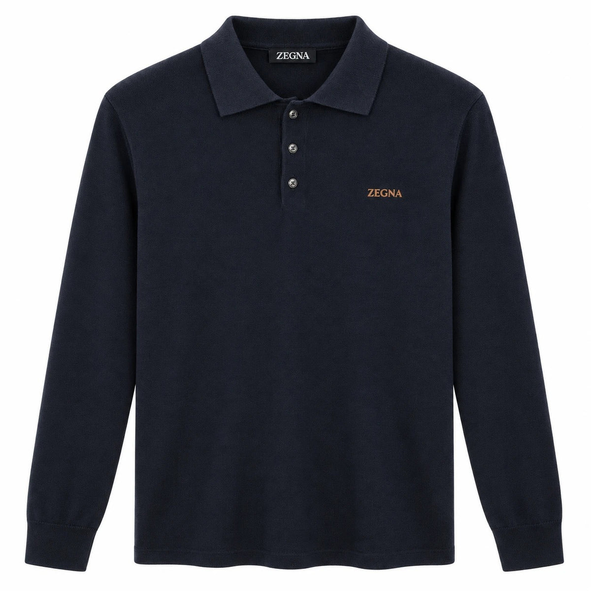Dark navy Zegna knit polo with three buttons and tan chest lettering