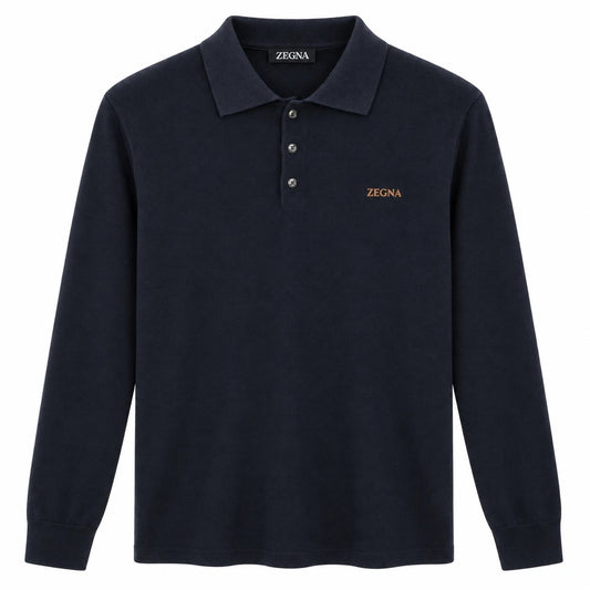 Dark navy Zegna knit polo with three buttons and tan chest lettering