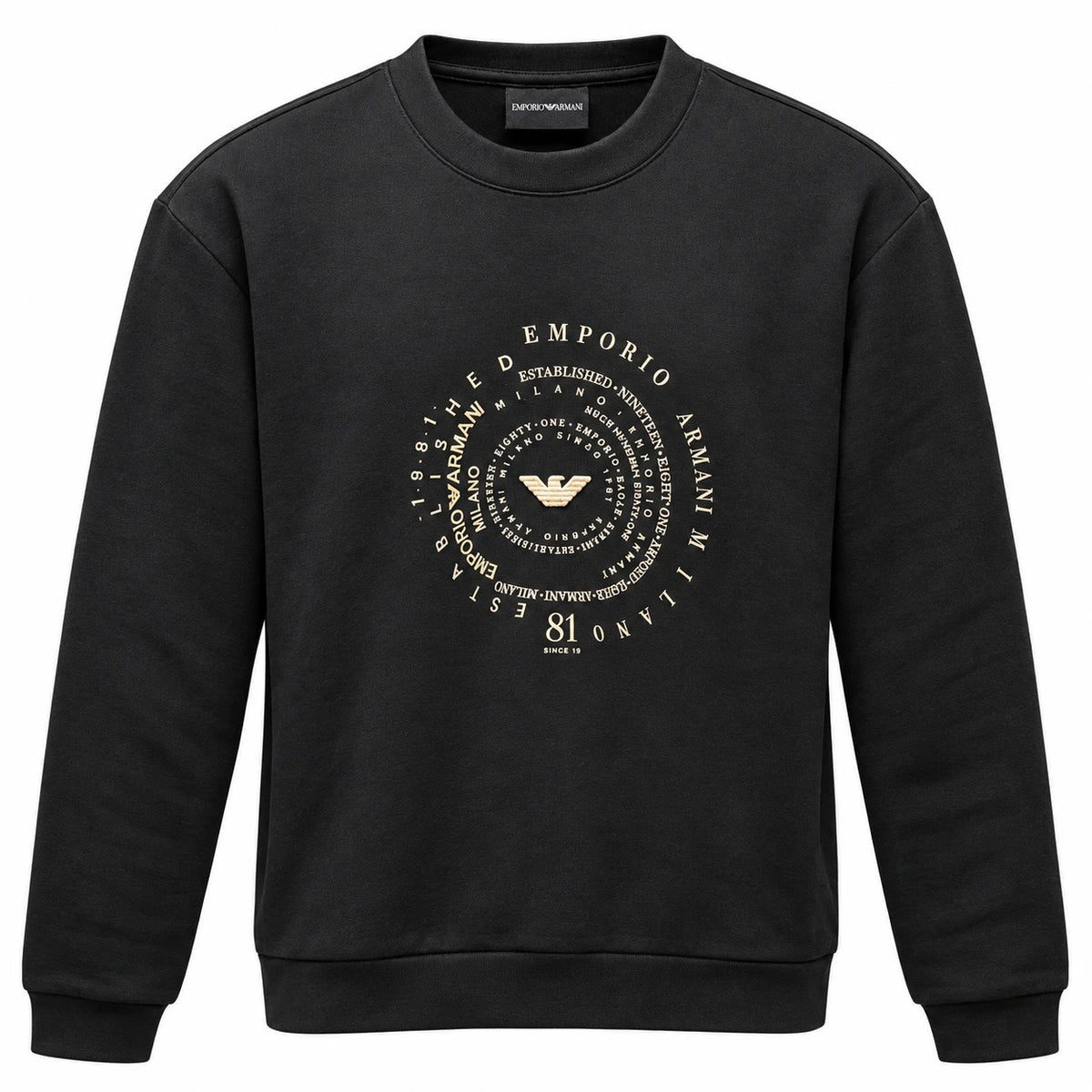 Black Emporio Armani sweatshirt with cream circular lettering and a central eagle emblem