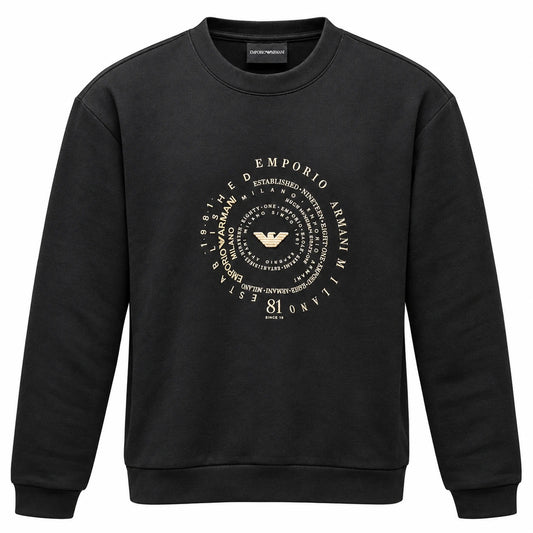 Black Emporio Armani sweatshirt with cream circular lettering and a central eagle emblem