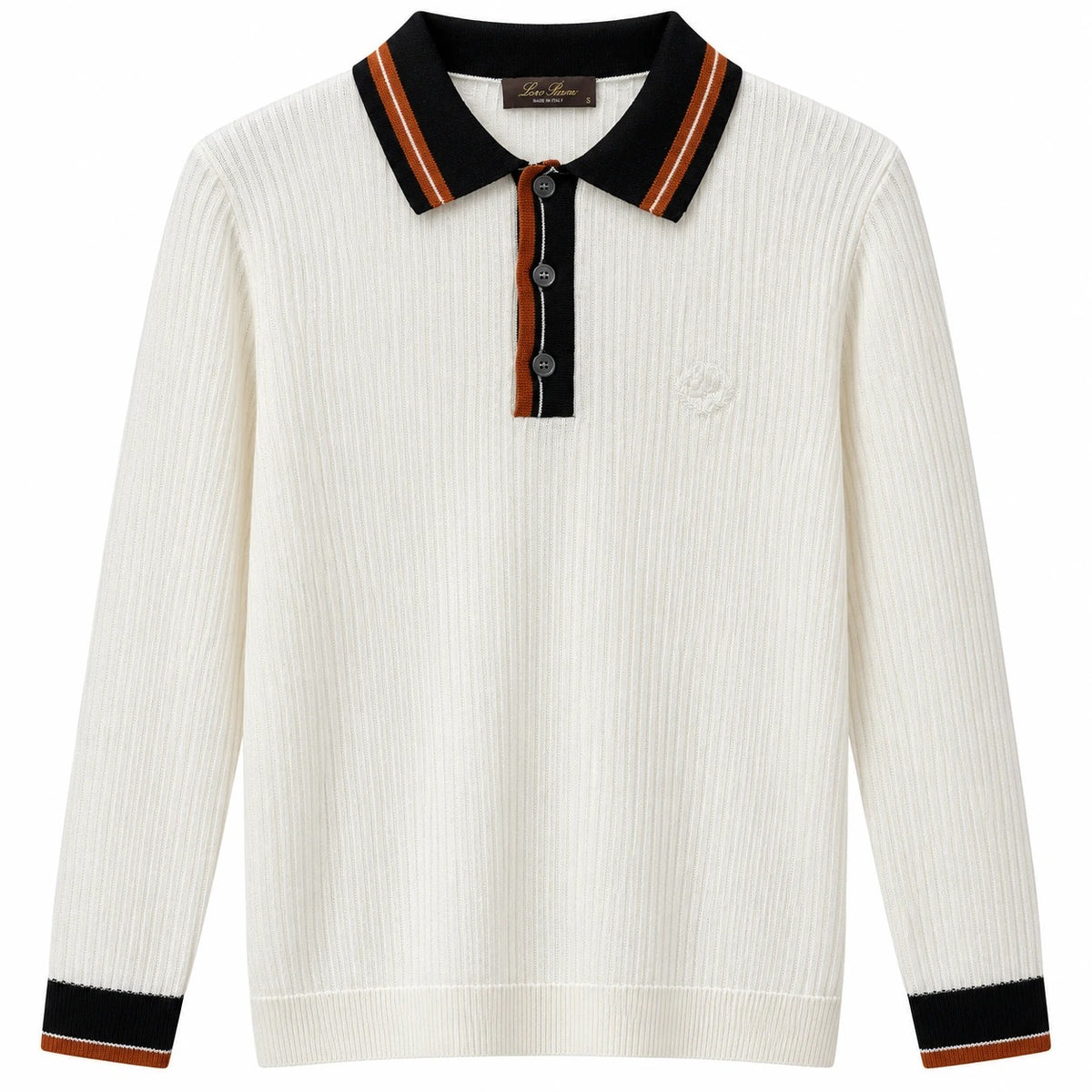 White Loro Piana ribbed knit polo with black collar and cuffs and burnt-orange stripes