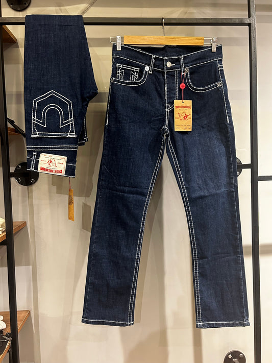 TRUE RELIGION RICKY SUPER T STITCH STRAIGHT JEANS DARK BLUE
