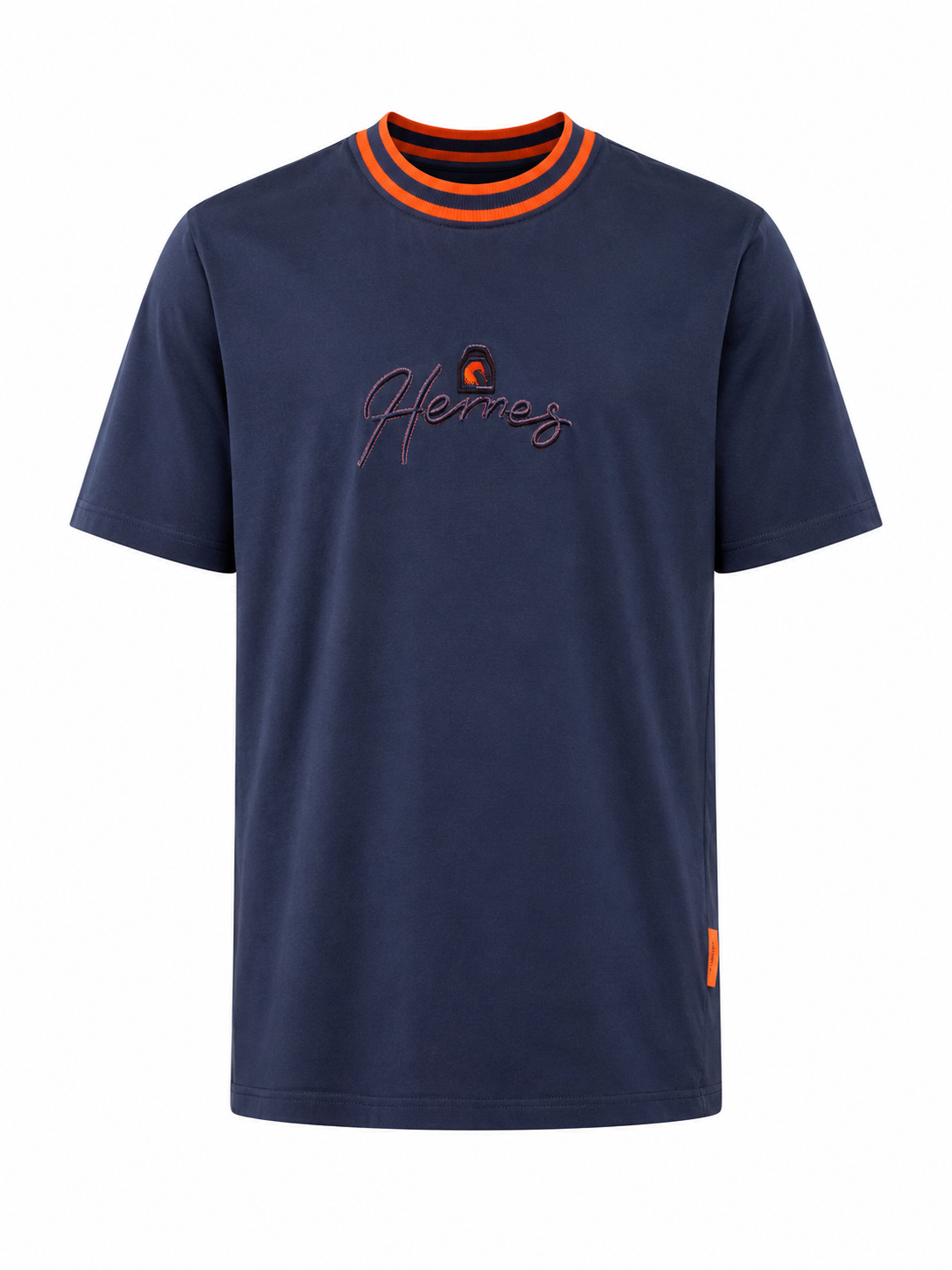 Hermès Navy Blue Cotton T-Shirt with Orange Trim