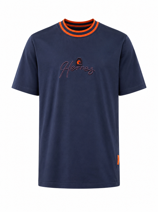 Hermès Navy Blue Cotton T-Shirt with Orange Trim