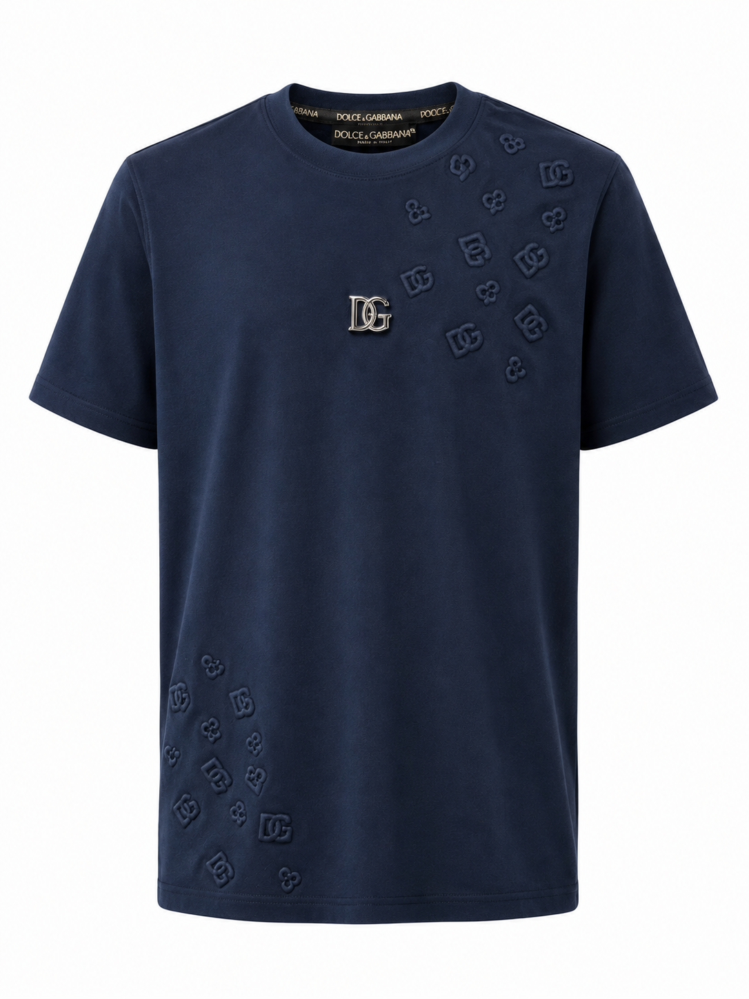 Dolce & Gabbana Navy Blue Cotton T-Shirt with Embossed DG Details