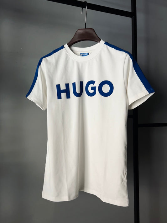 HUGO Men's Contrast Big Blue  Logo Cotton T-shirt White
