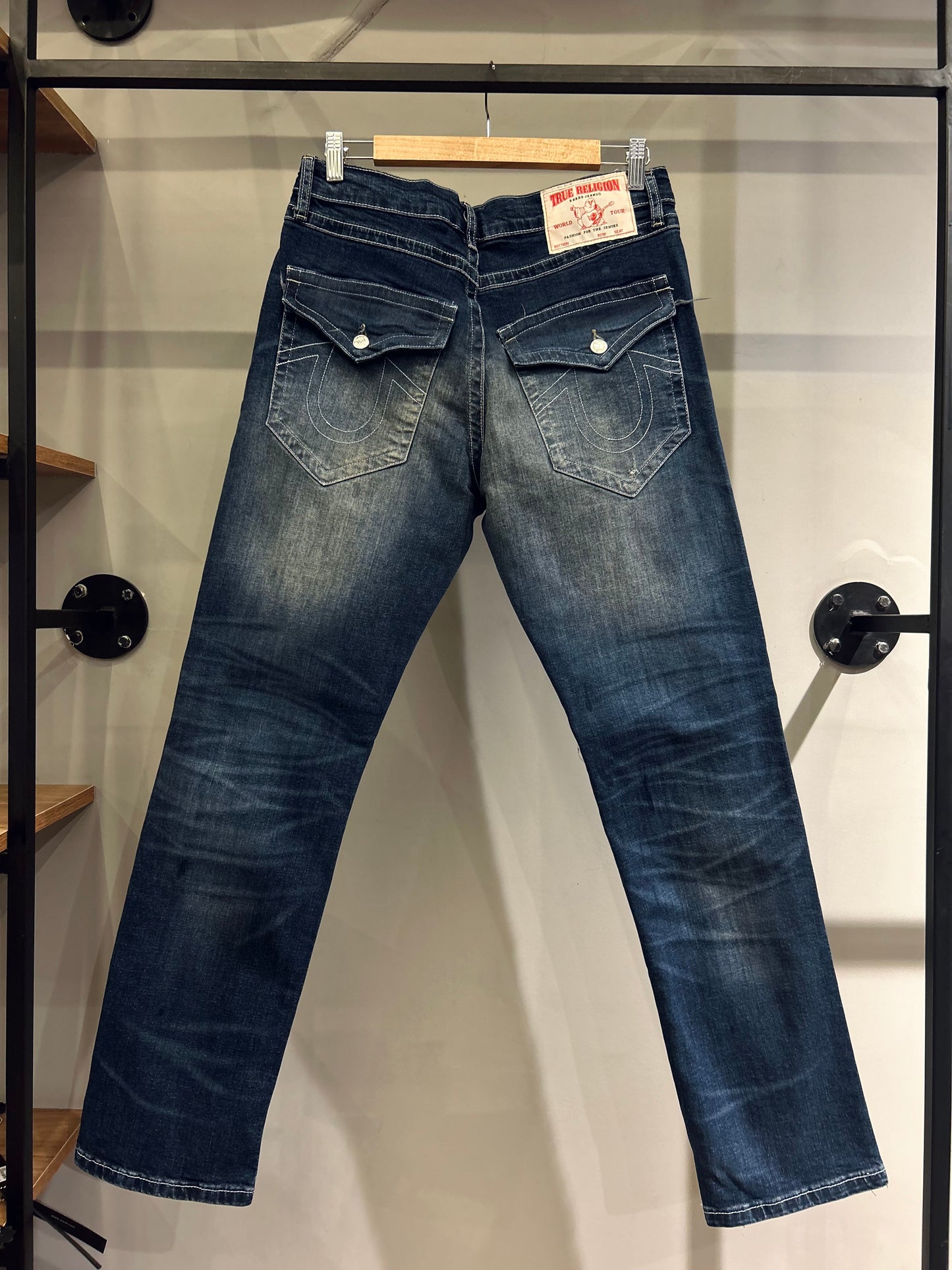 TRUE RELIGION RICKY DISTRESSED FLAP STRAIGHT JEANS