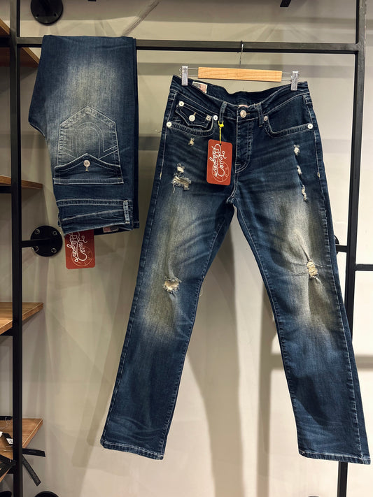 TRUE RELIGION RICKY DISTRESSED FLAP STRAIGHT JEANS