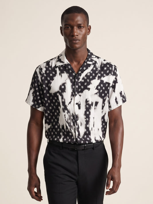 MODEL·AMIRI — Black Silk Paisley Bowling Shirt