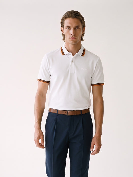 MODEL·HUGO BOSS — Classic Polo T-Shirt — White & Orange Detail