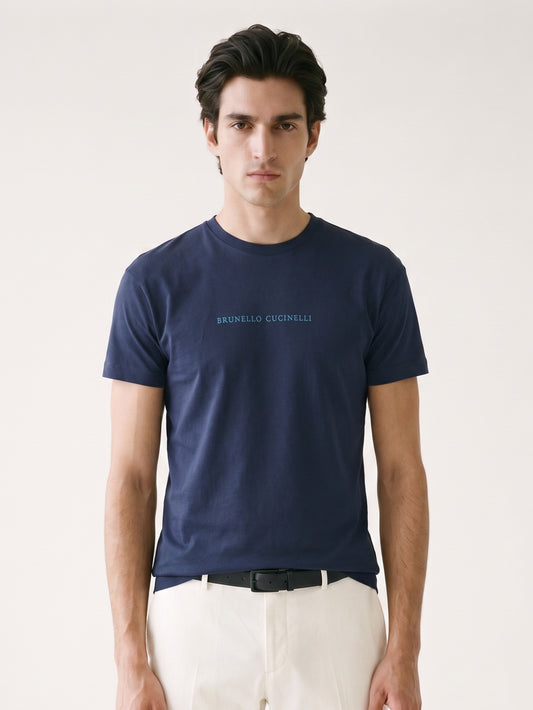 MODEL·BRUNELLO CUCINELLI — Navy Blue Cotton T-Shirt