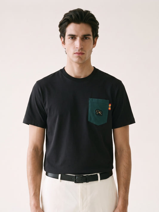 MODEL·BURBERRY — Black Cotton T-Shirt with Green Pocket