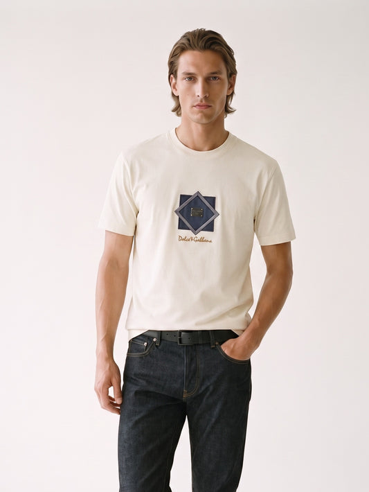 MODEL·DOLCE & GABBANA — Signature Badge T-Shirt — Cream
