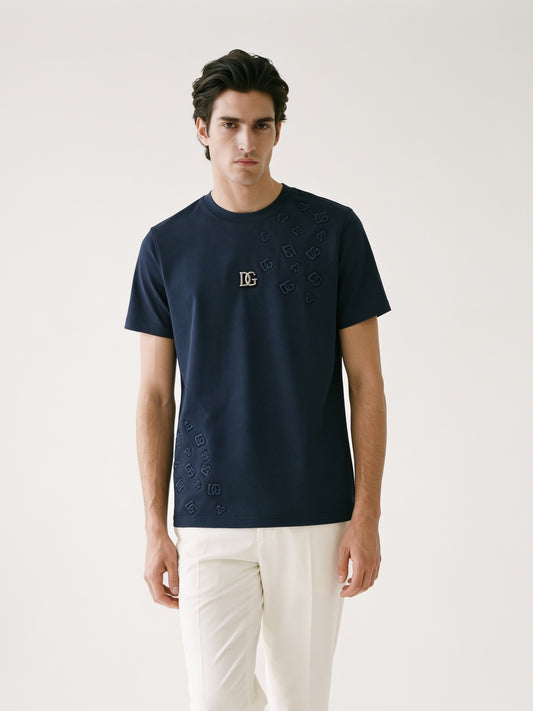 MODEL·DOLCE & GABBANA — Navy Blue Cotton T-Shirt with Embossed DG Details